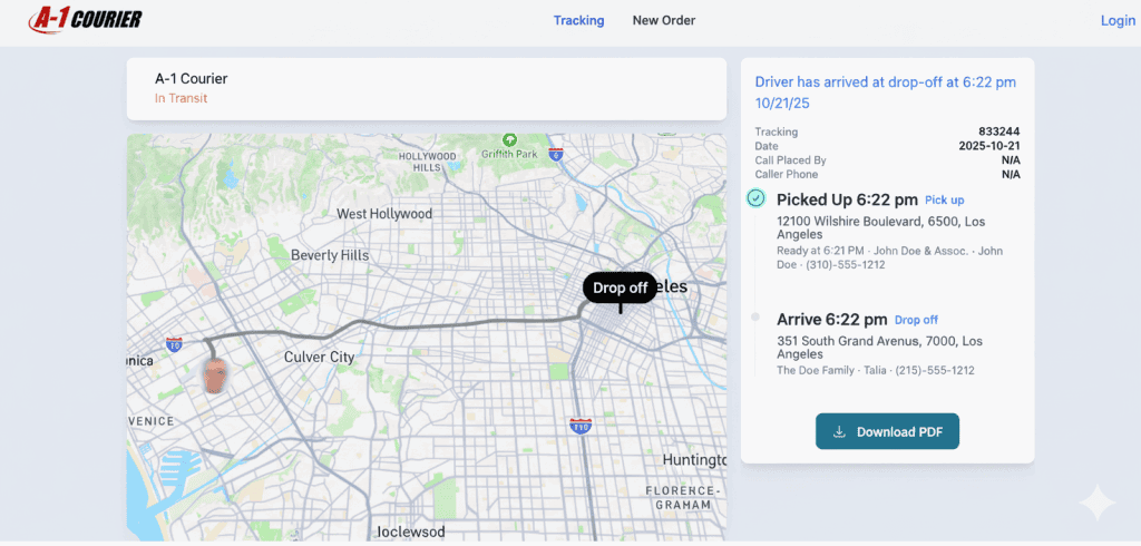 this shows driver dispatched to delivery location in real time gps