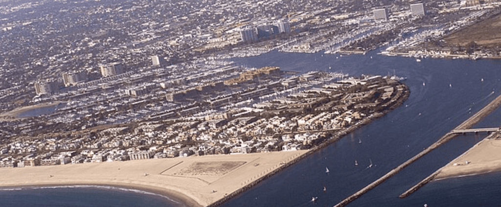 Aerial view of Marina del Rey harbor where dredging helps manage sand buildup