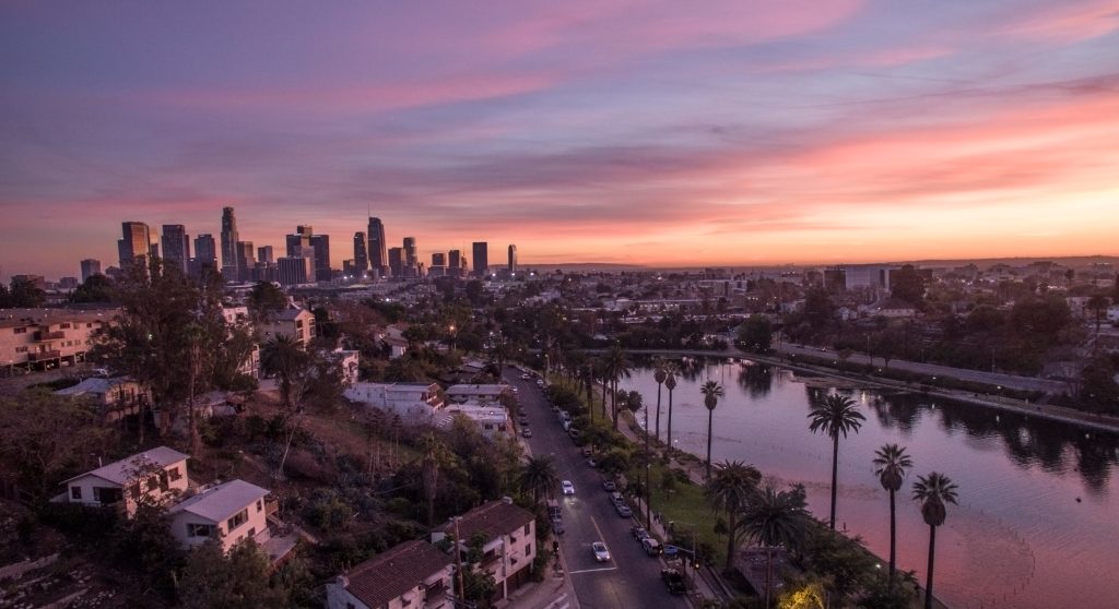 Echo Park Lake with the Downtown Los Angeles skyline in the distance