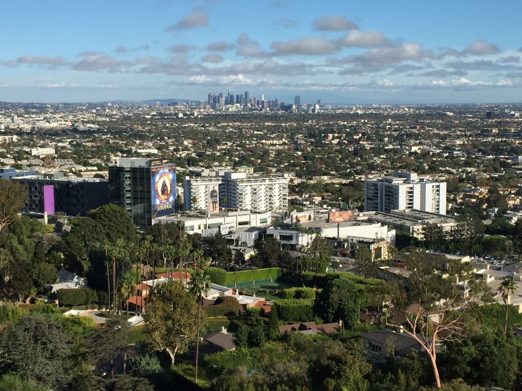 Downtown Los Angeles skyline viewed from the hills above West Hollywood