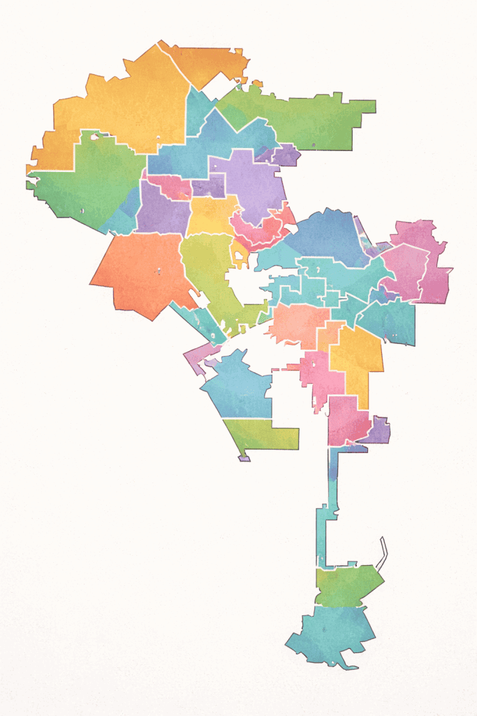 Map showing the unusual shape of the City of Los Angeles, including its long southern extension to the harbor.