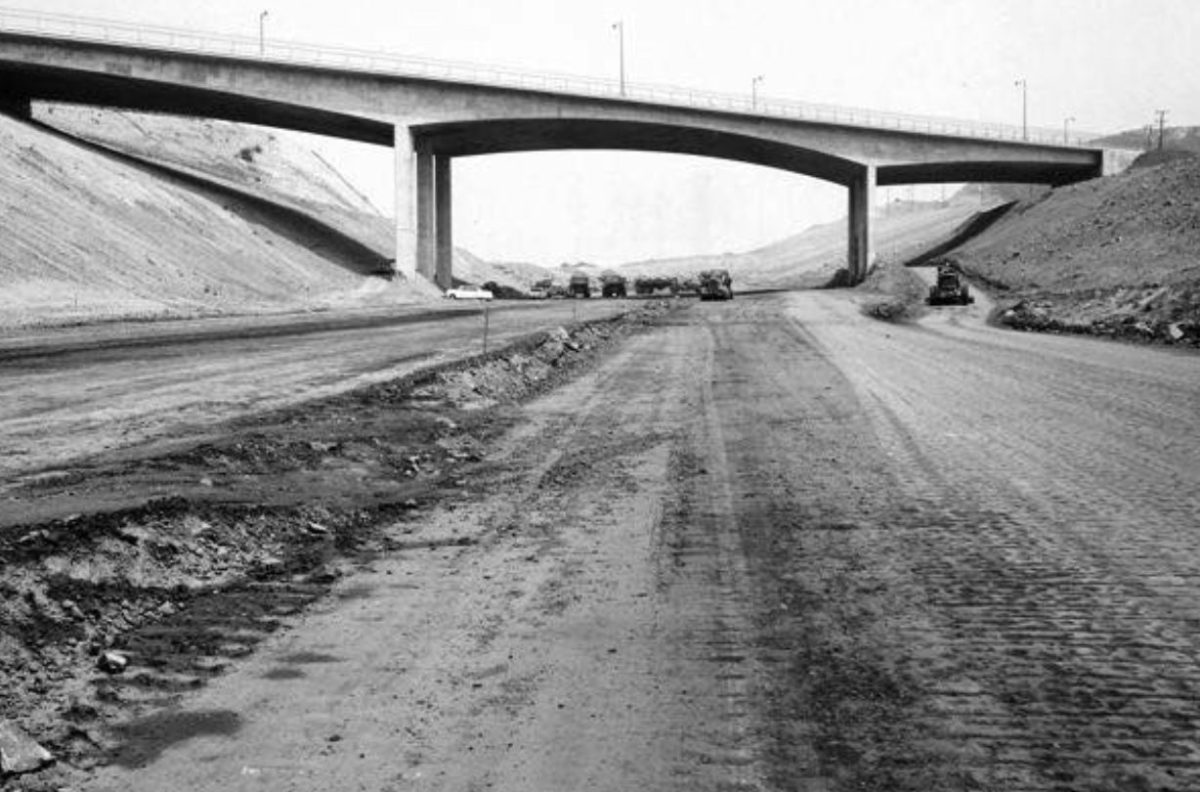 Aerial view of 405 freeway construction through Sepulveda Pass, early 1960s