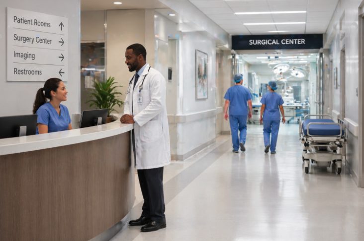 Courier making a delivery inside a Los Angeles hospital corridor