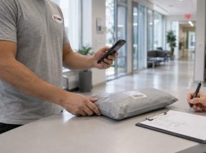 Close-up of a medical courier handing off a sealed package at a clinic reception counter while holding a mobile device, as a staff member prepares paperwork in a bright hospital hallway.