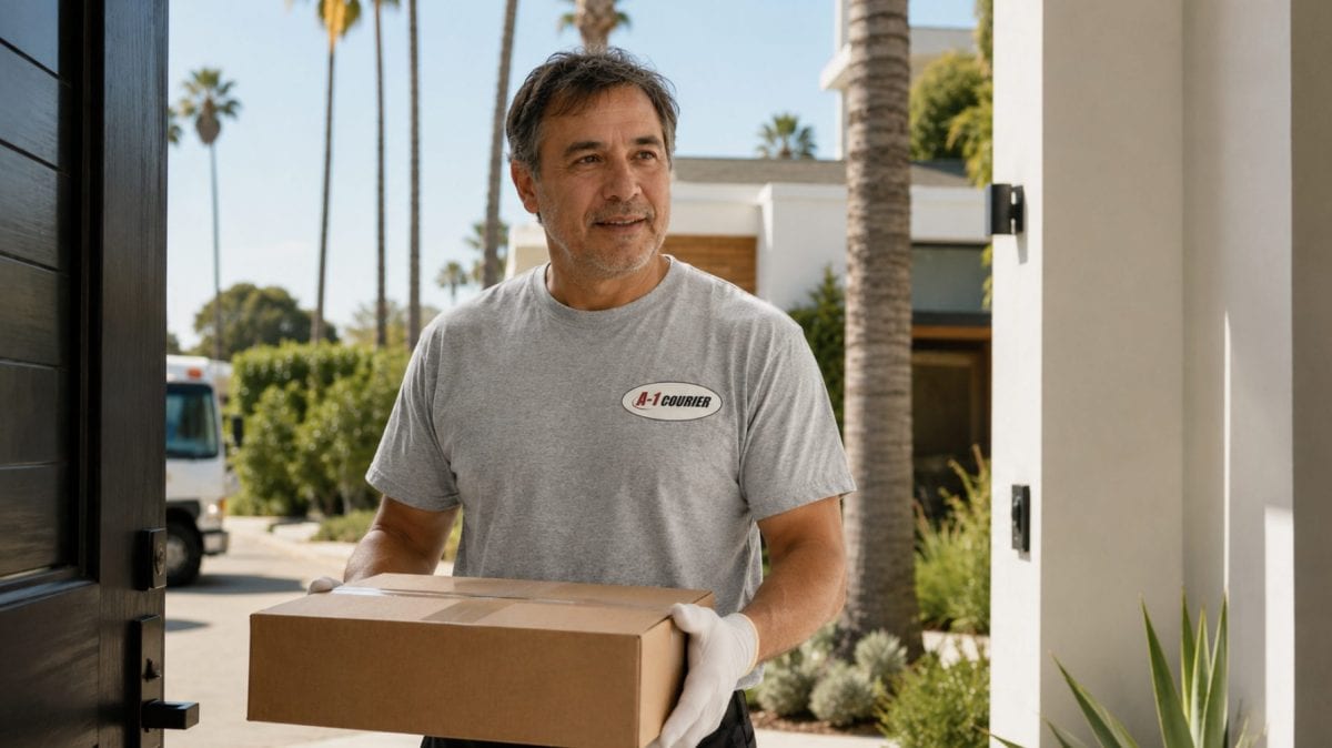 A-1 Courier driver wearing a heather gray uniform and white gloves carefully delivering a package to a Los Angeles home.