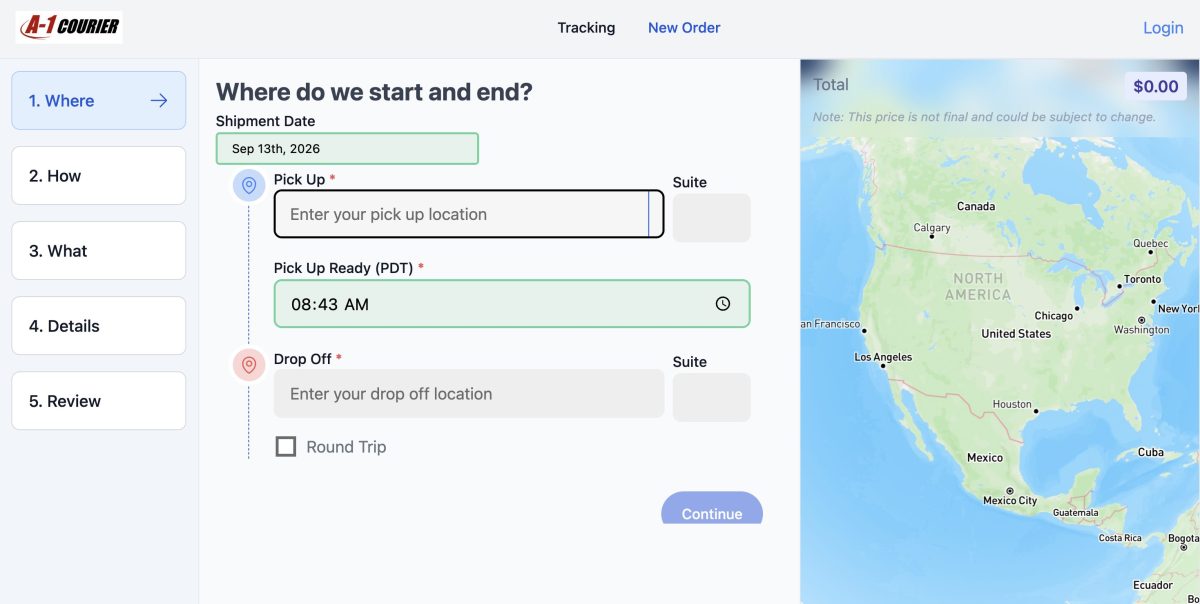 A-1 Courier instant quote form with pickup and delivery address fields