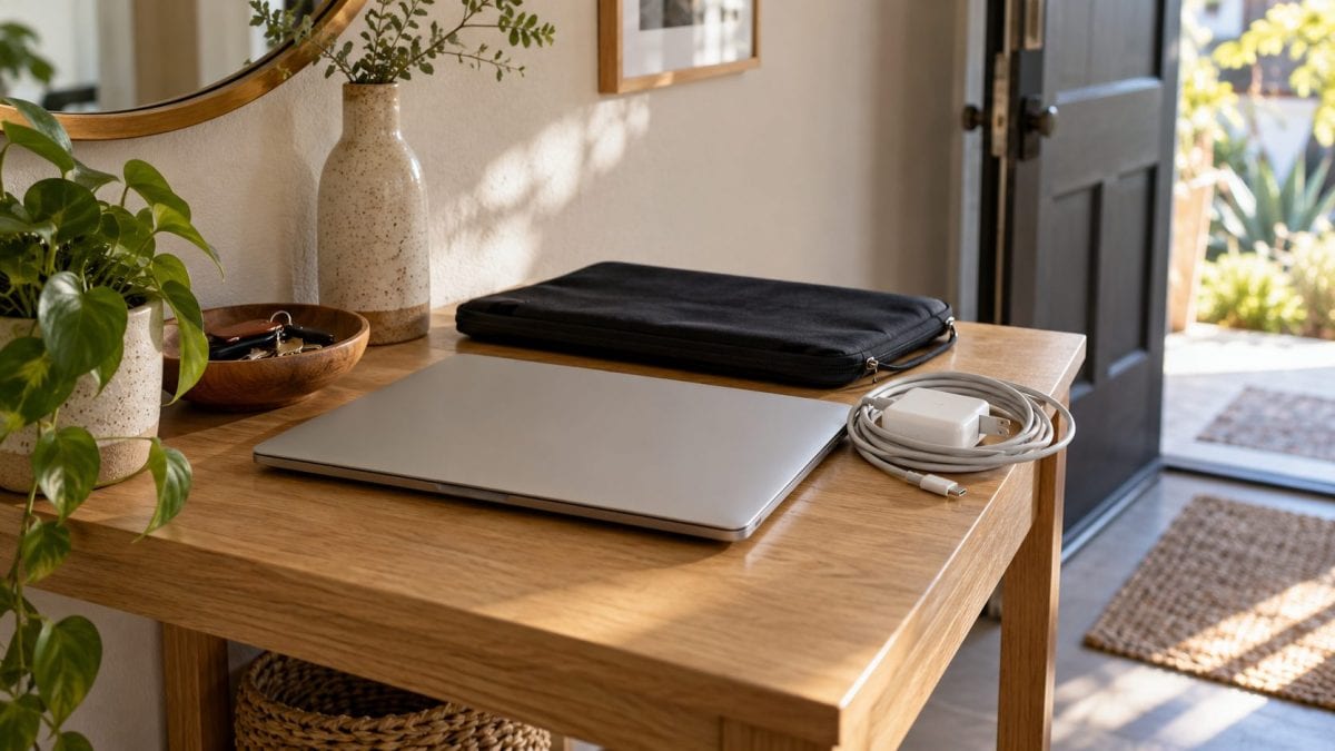 Laptop, charger and protective sleeve on a table beside a home's front door